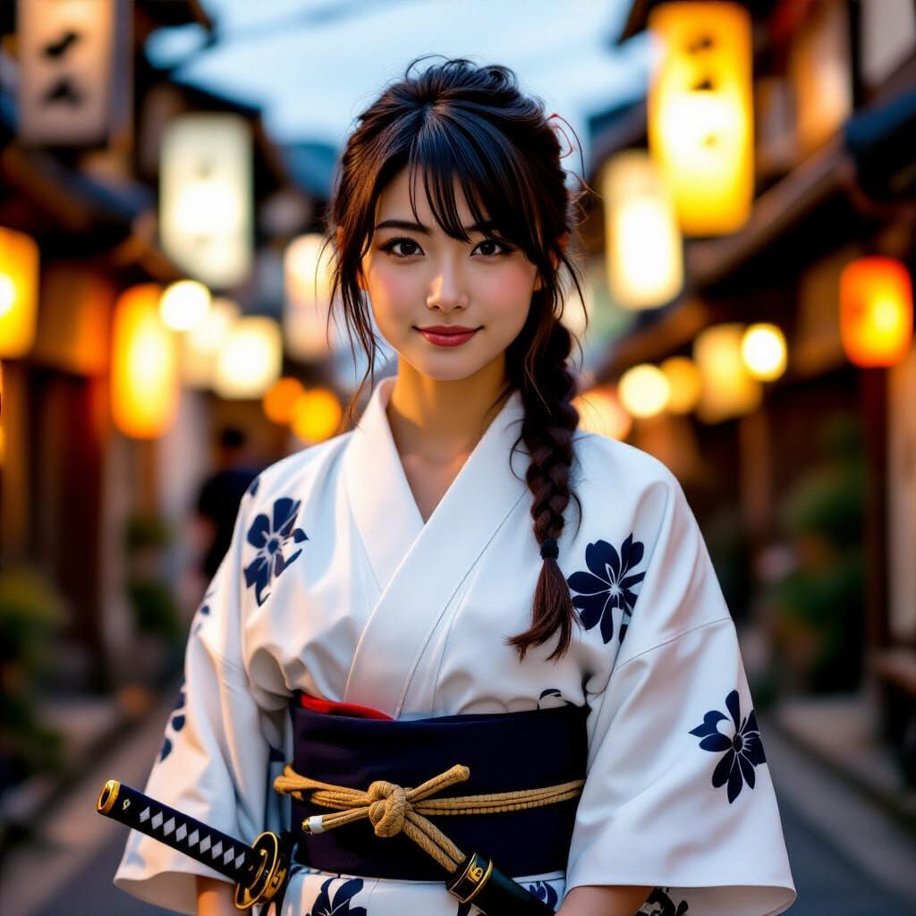 Confident Japanese Woman with Wakizashi in Cityscape