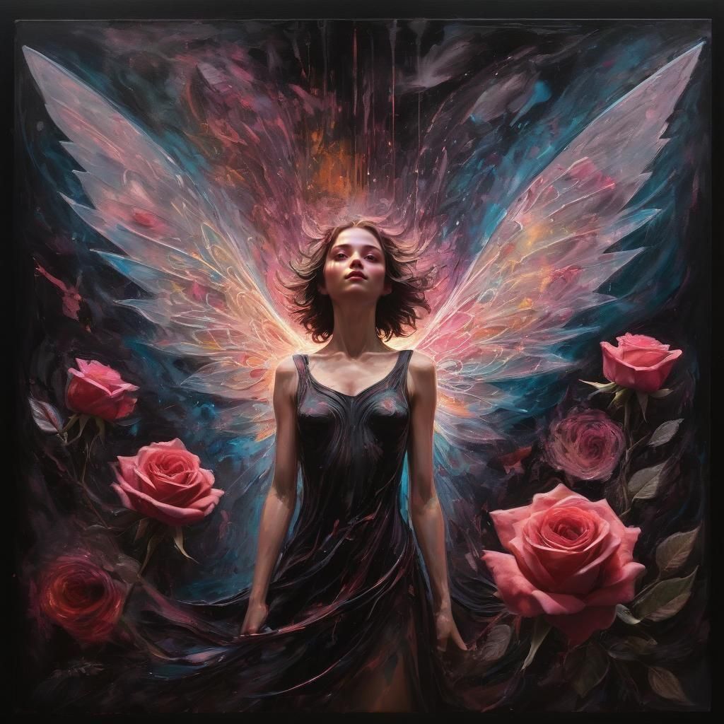 Radiant Fairy Over Rose in Dark Abstract Art