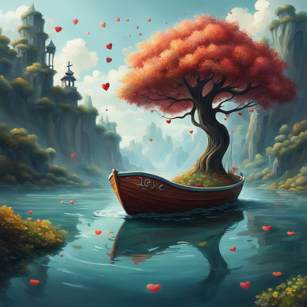 Surreal Tree Boatscape in Whimsical Impressionist Style