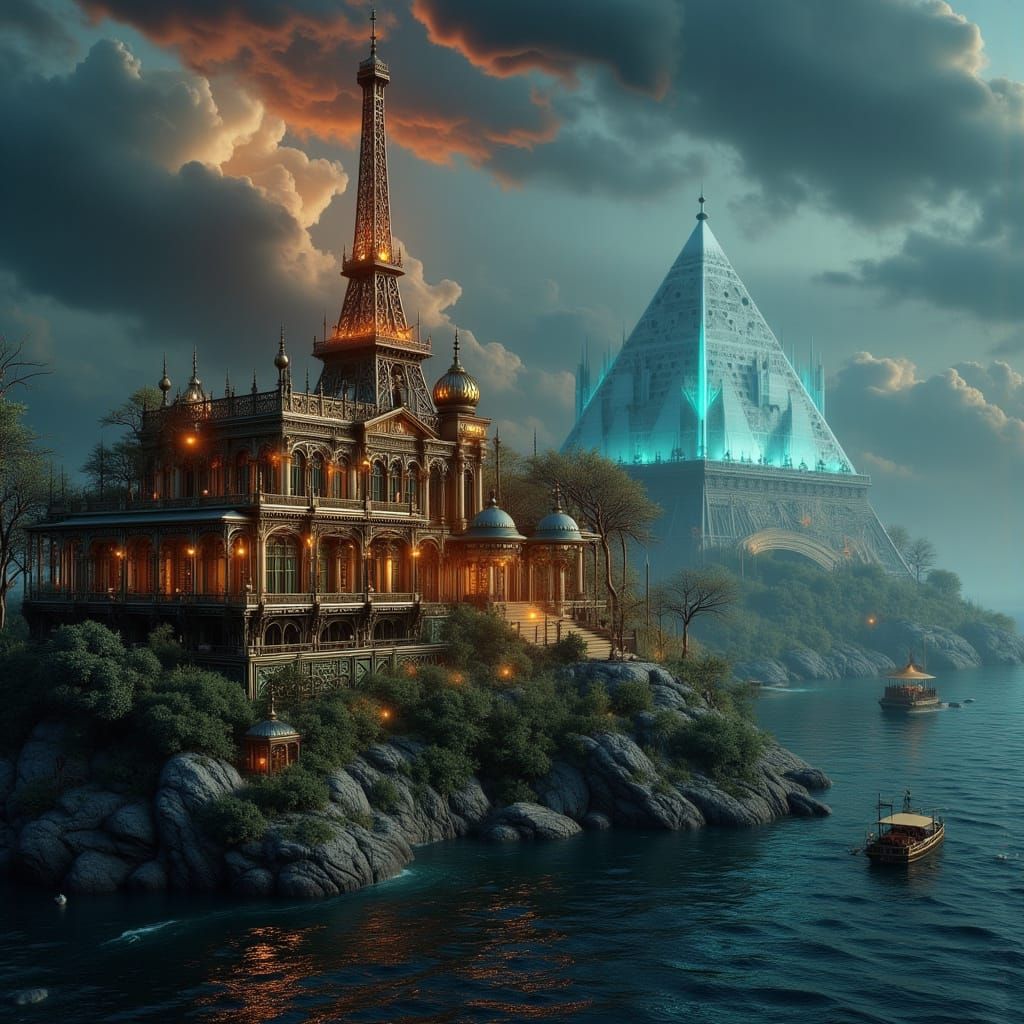 Eiffel Tower Ablaze in Art Nouveau Punk Style