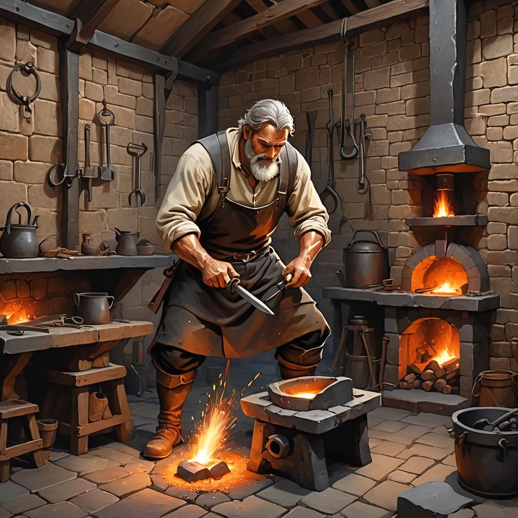 Medieval Blacksmith at Forge: Digital Art
