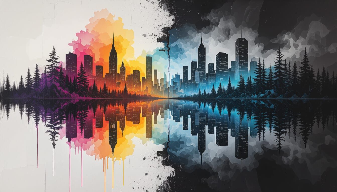Surreal Nature vs City Collage in Vibrant Colors