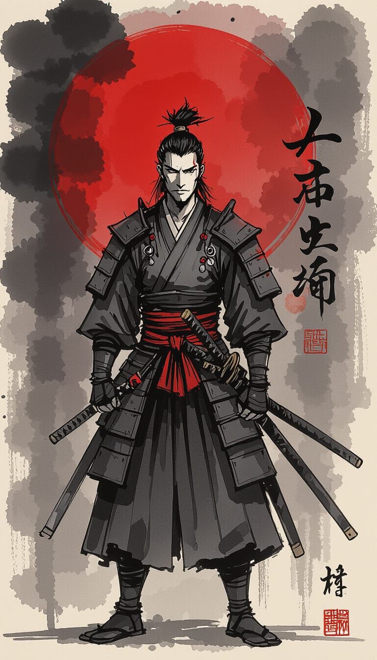 Samurai in Sumi-e Ink Wash Painting