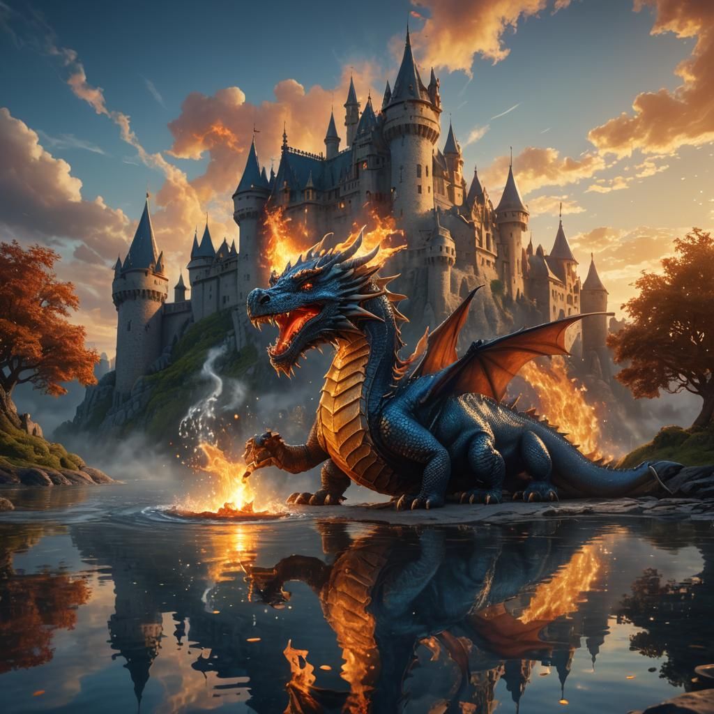 Dragon Heats Coffee with Fiery Breath at Sunset