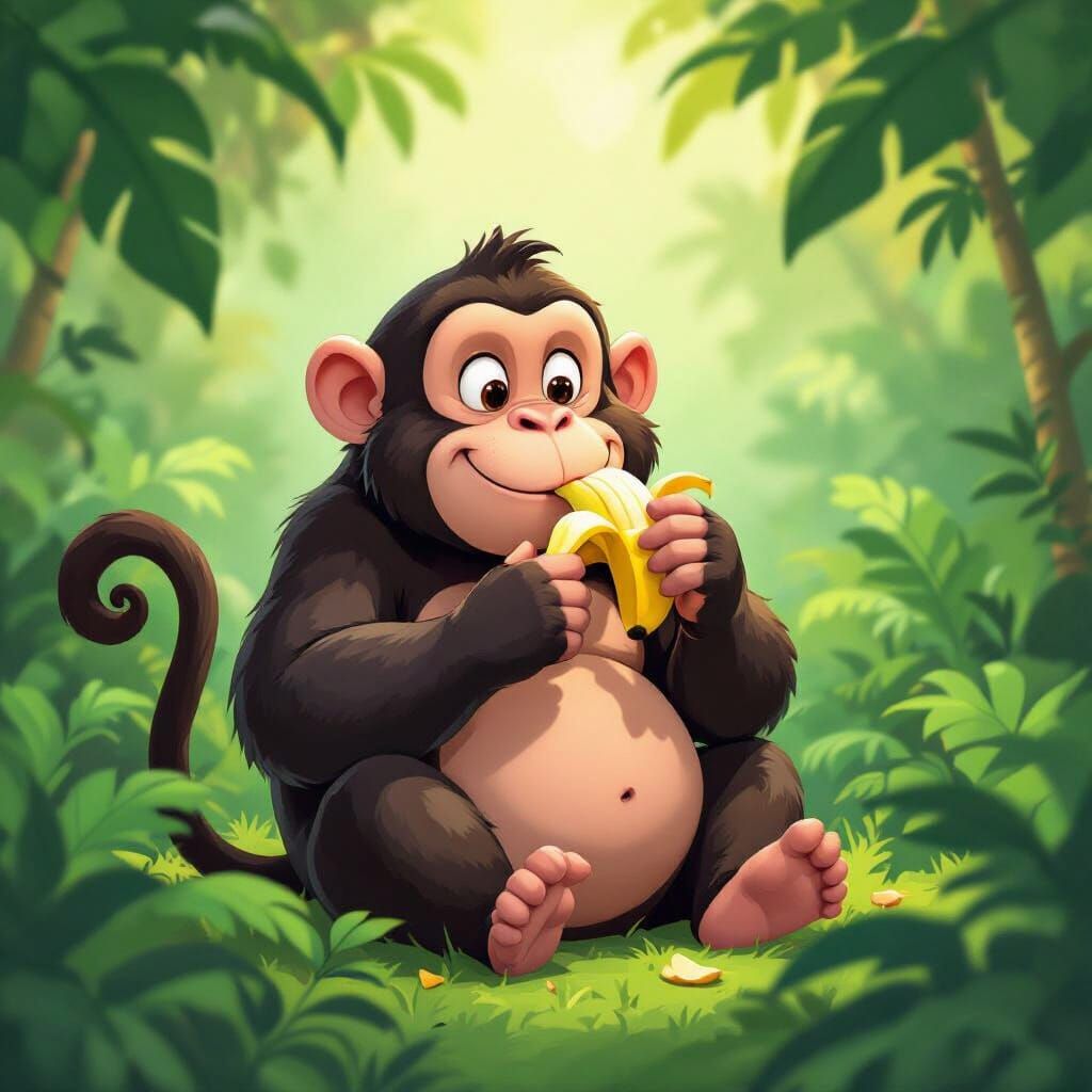 Fat Monkey Enjoys Banana in Lush Jungle Cartoon Style