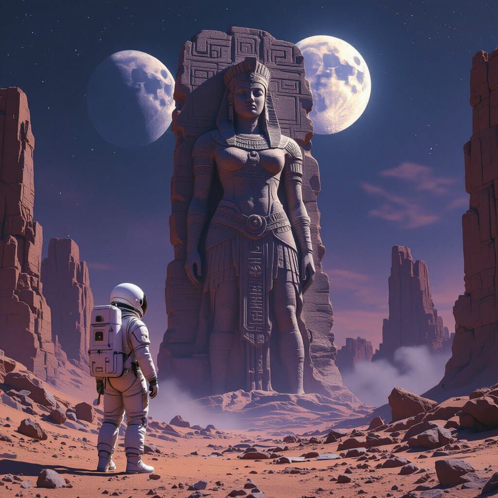 Astronaut Finds Giant Warrior Queen Statue in Alien Ruins