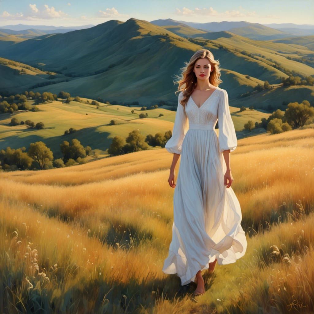 Southern Girl in Golden Hour Watercolor Landscape