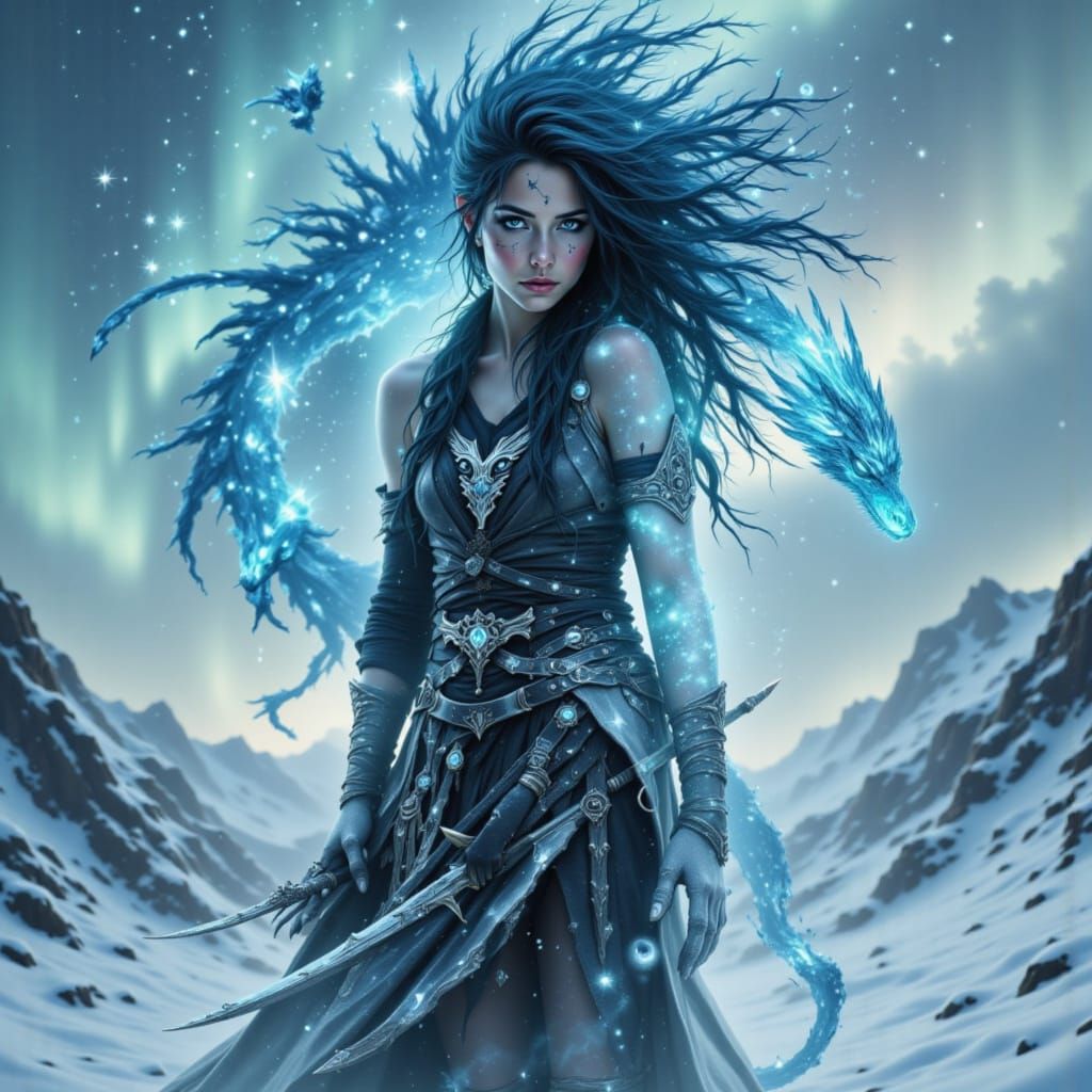 Warrior Girl on Snowy Mountain with Crystal Dragon