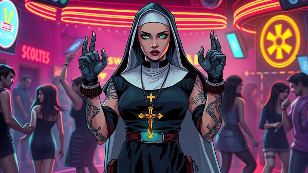 Cyberpunk Nun in Neon Nightclub: Comic Book Style