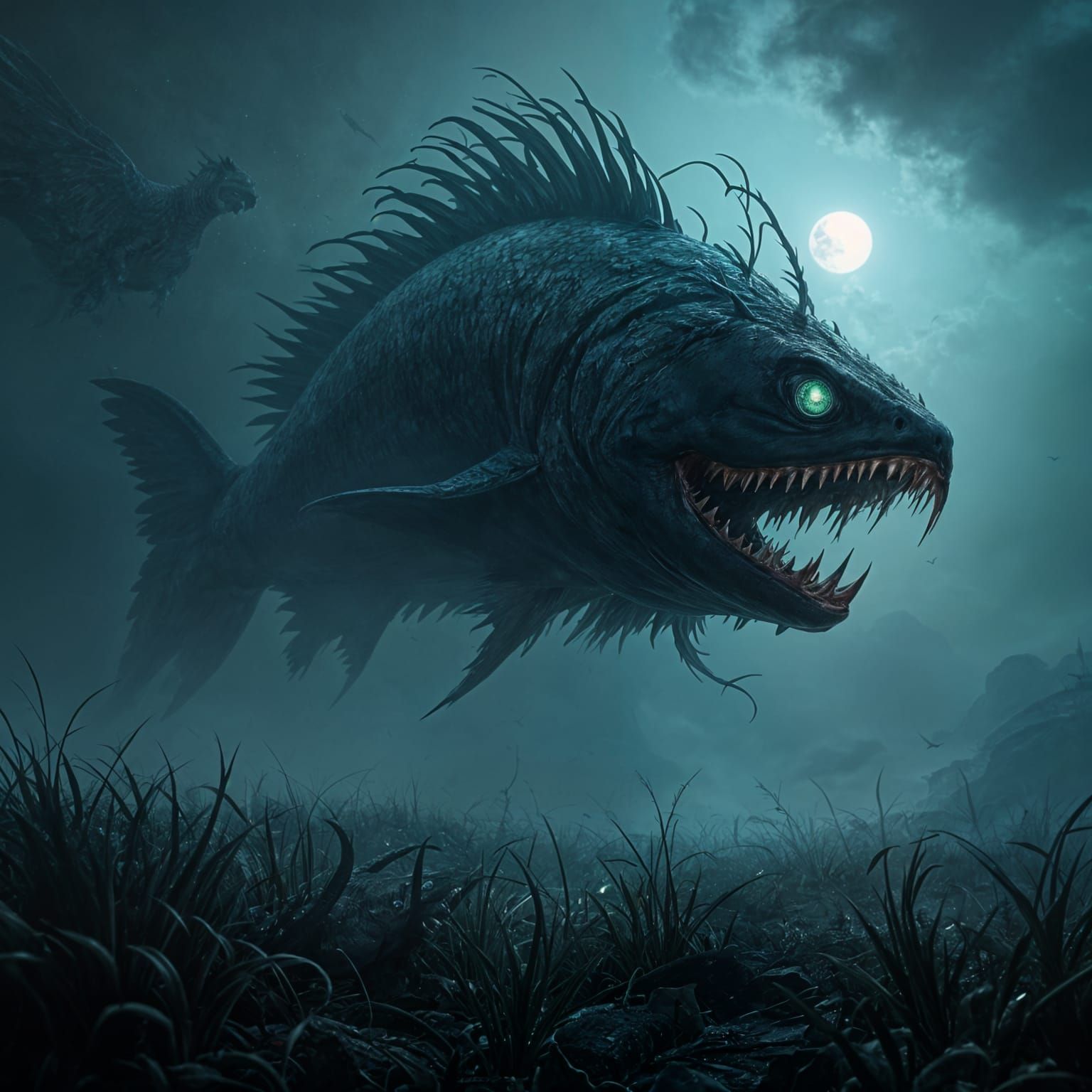 Fantasy Horror Fish Lurks in Desolate Night Sky