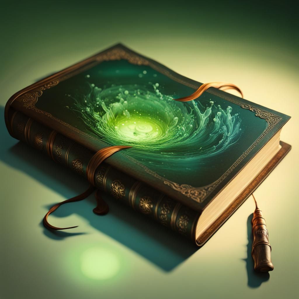 Mystical Book Still Life in Hyperrealistic Splash Art