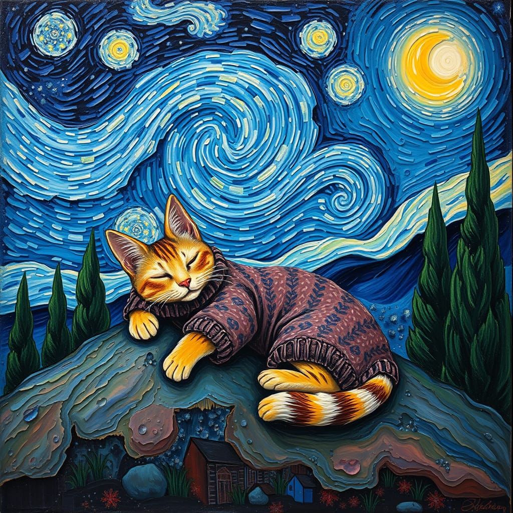 Cat Sleeping Under Starry Night Sky as Impasto Painting