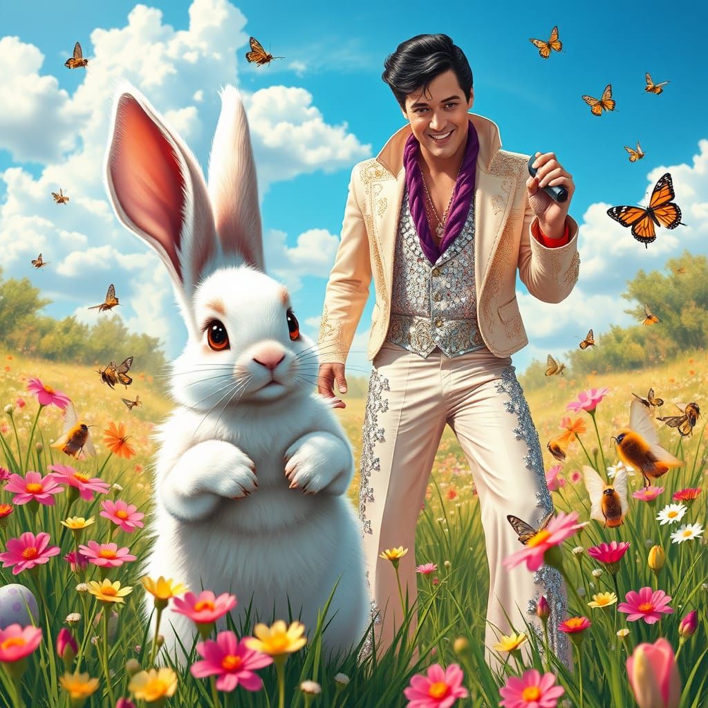 Easter Bunny Meets Elvis in a Vibrant Spring Wonderland