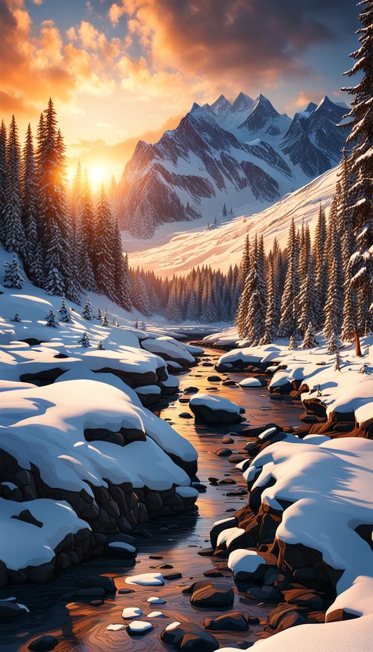 Picturesque Mountain Landscape at Sunset with Thawing Snow