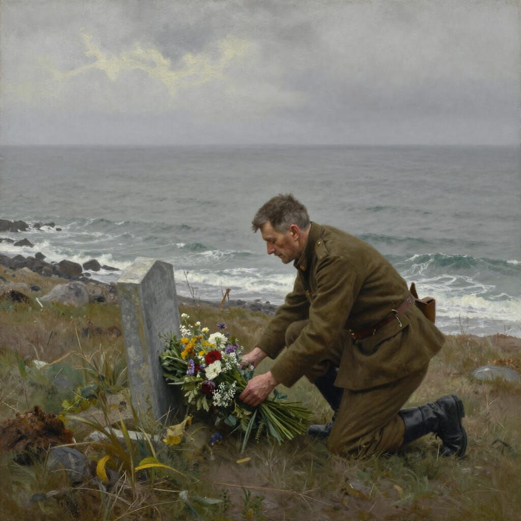 Soldier Pays Respects at Captain's Grave on Windswept Hill