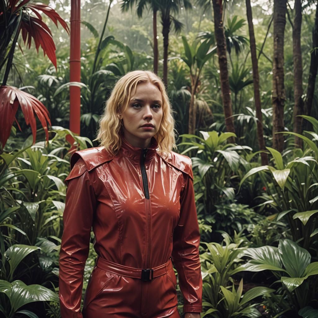Woman in Red Latex Outfit in Tropical Garden