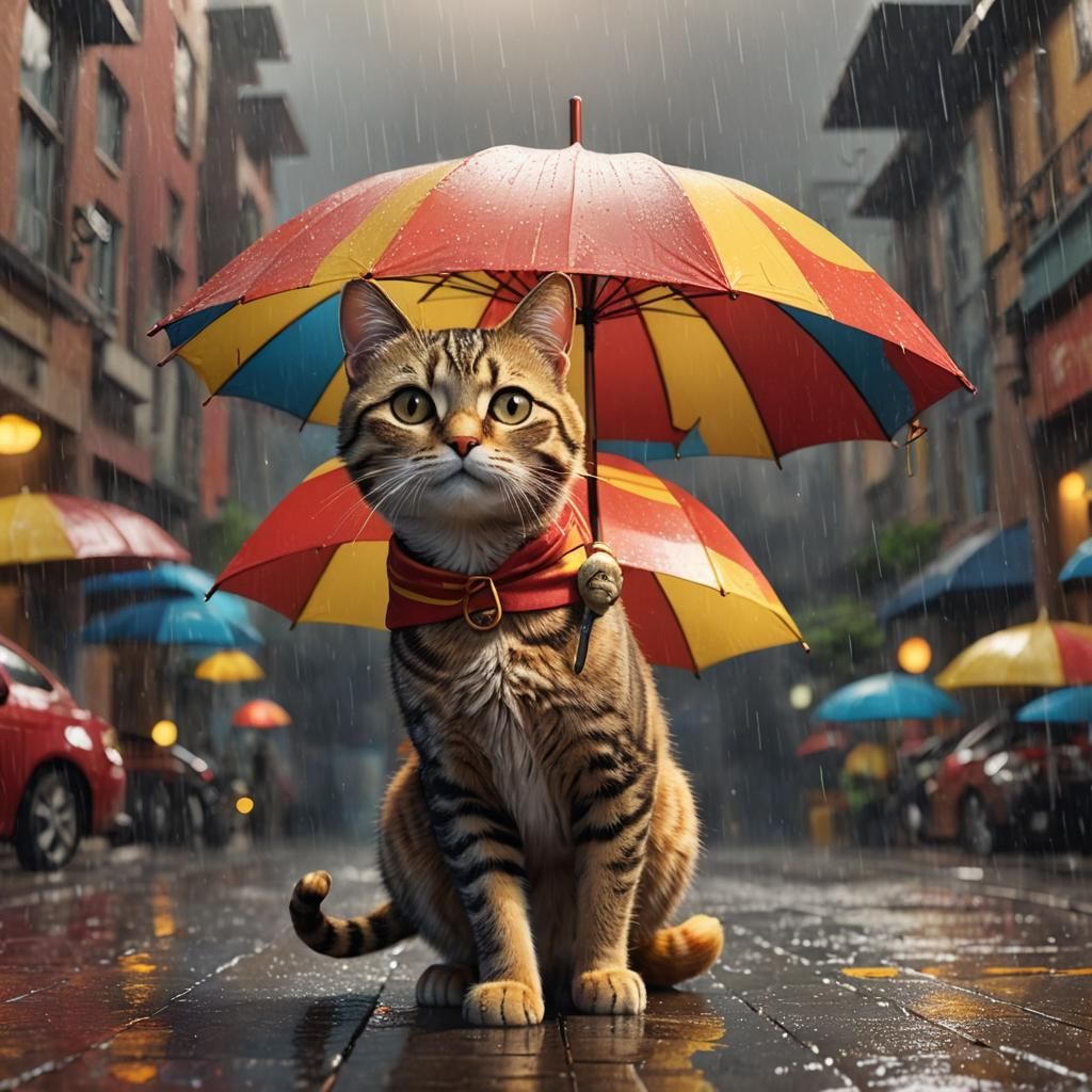 Cute Cat Under Umbrella in Pixar-Inspired 3D Art