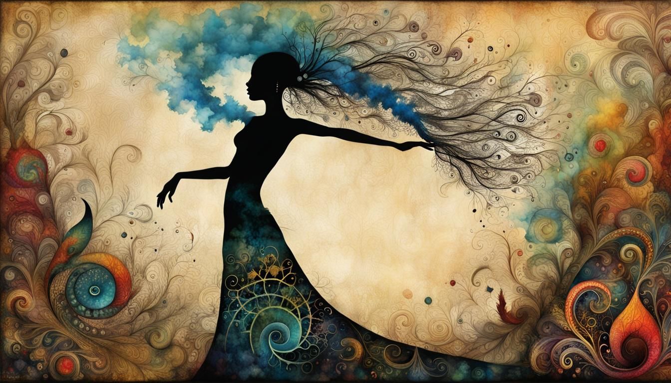 Voodoo Dancer Silhouette with Fractal Paisley Flames