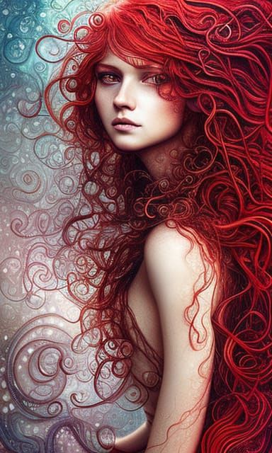 Redhead Beauty in Rain: Detailed Digital Art
