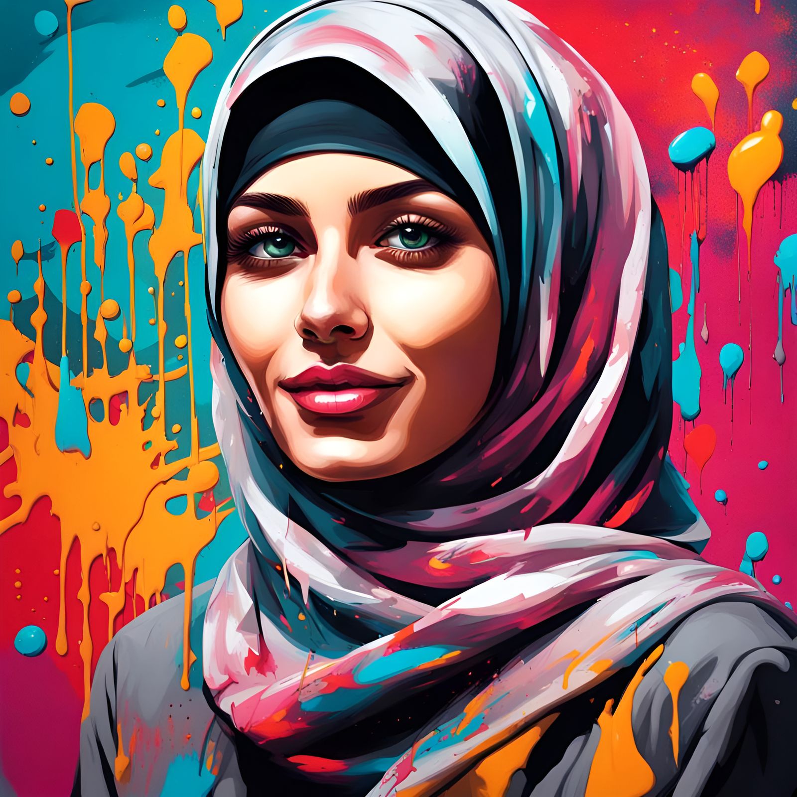 Graffiti Art: Beautiful Woman with Hijab Smiling