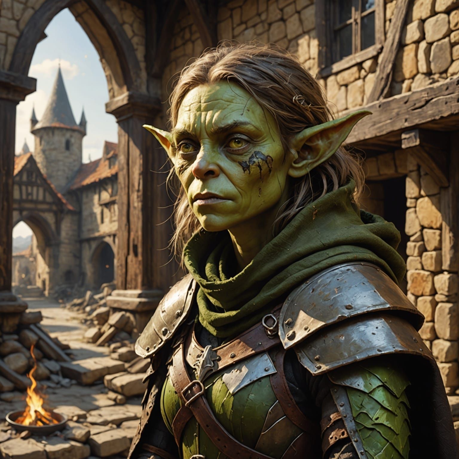 A female goblin with tattered cloak and worn leather armor