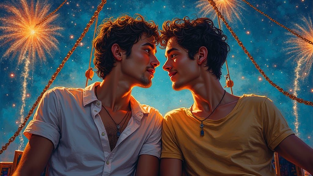 Gay Couple in Tender Gaze Amidst Vibrant Fairground Scene