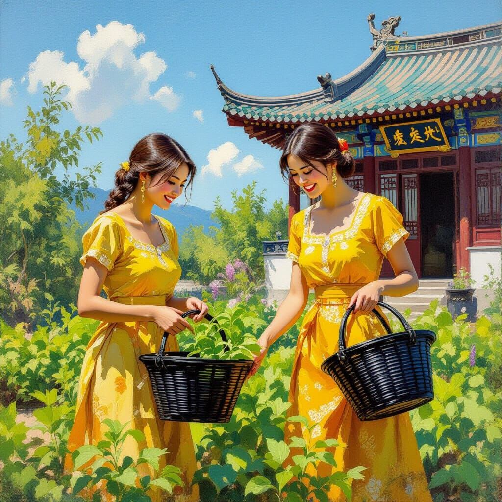 Women tending gardens outside Green Jade Temple as Oil Paint...