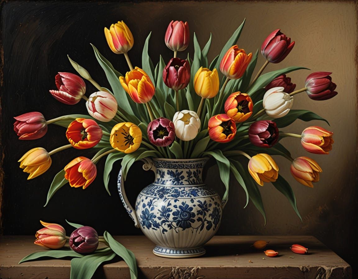 Vibrant Tulips in a Rustic Earthenware Jug