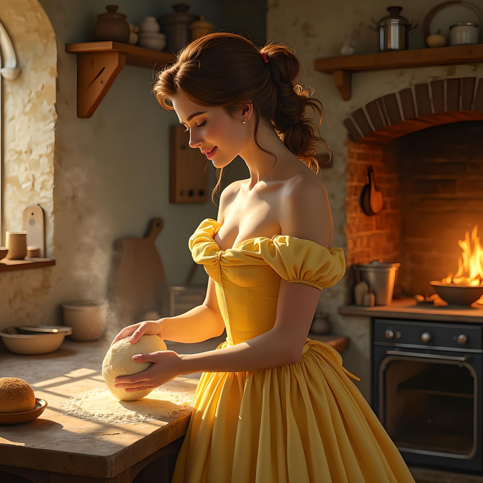 Princess Belle Baking Bread in a Kitchen