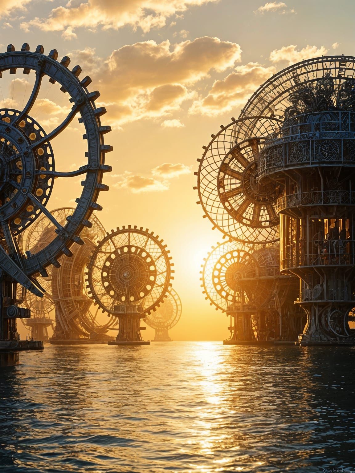 Surreal Futuristic Seascape with Intricate Waterwheels and B...