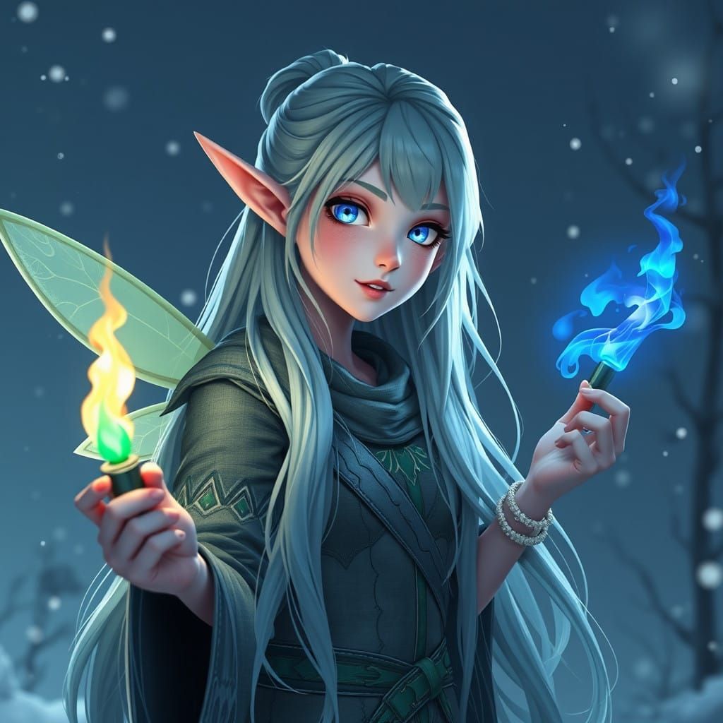 Elven Maiden Illuminated in Postapocalyptic Winter Landscape