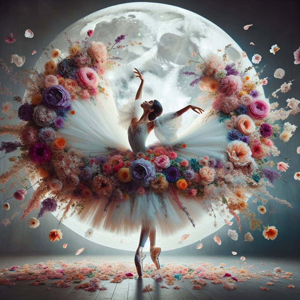 Ballerina Dances with Flowers Under the Moon