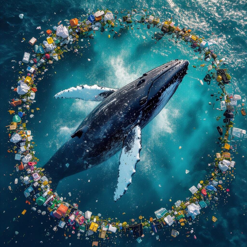 Humpback Whale Breaching Amidst Ocean Plastic Pollution