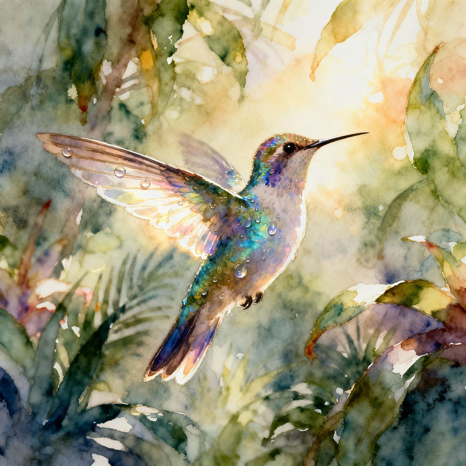Jewel-Toned Hummingbird in Ethereal Watercolor Style