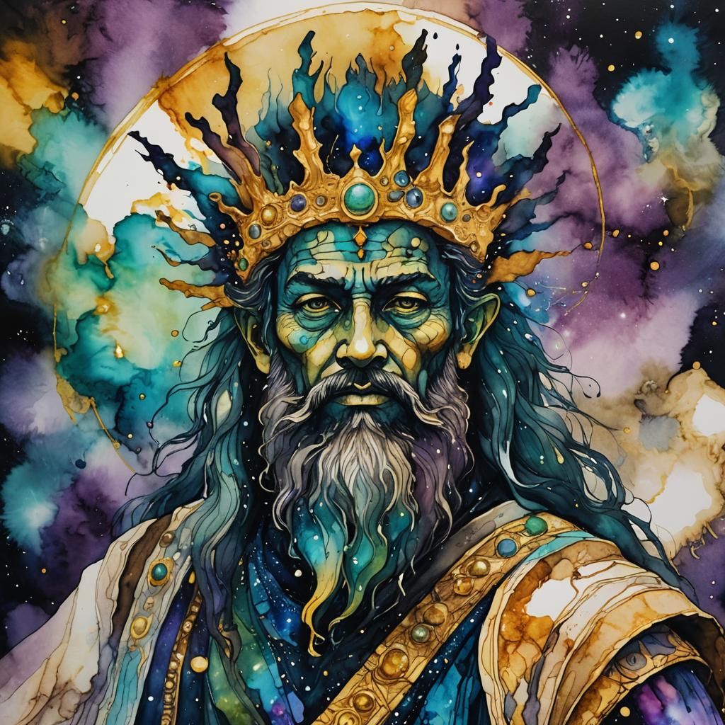 Galaxy God King Portrait in Alcohol Ink