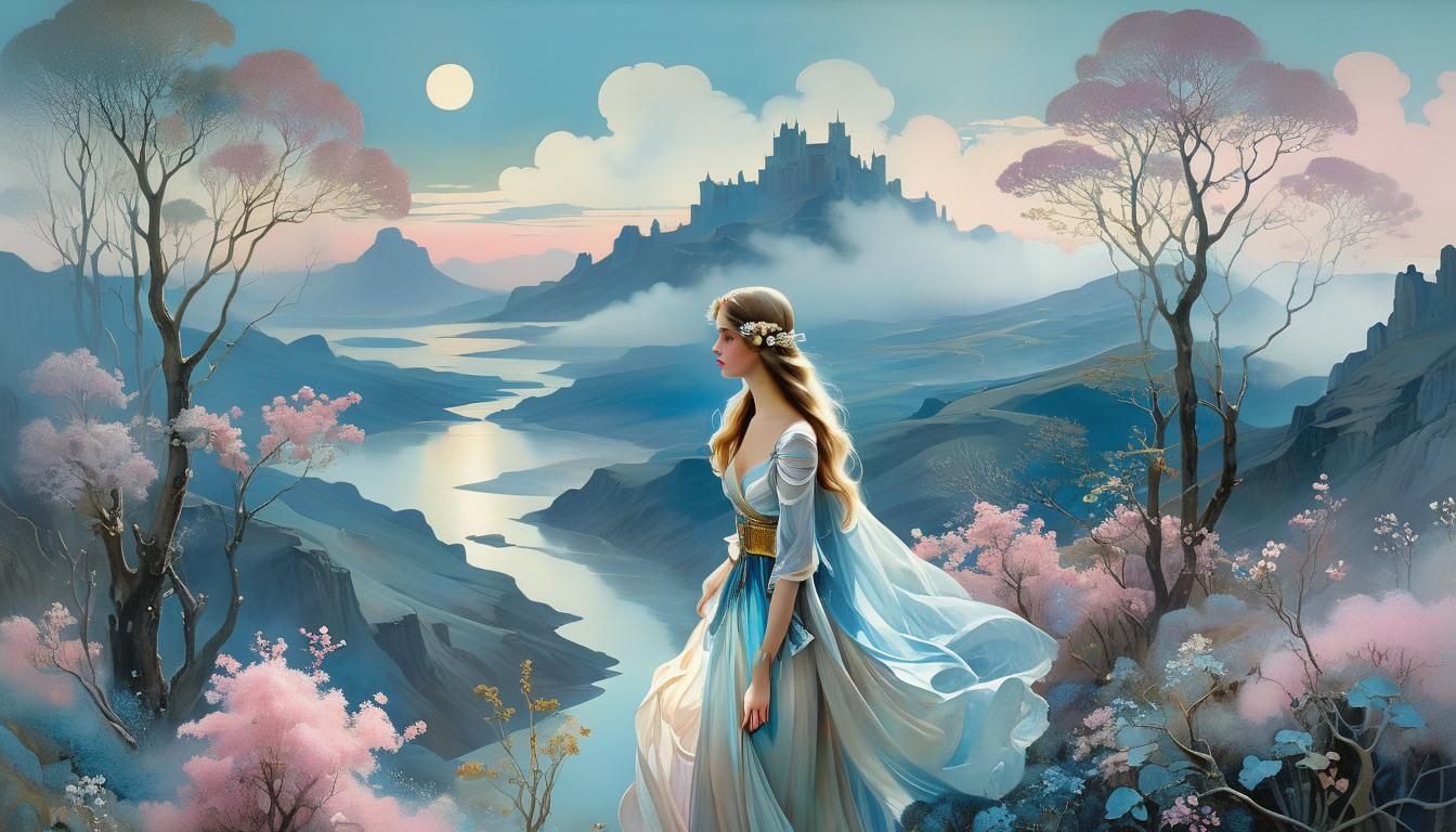 Surreal Landscape with Mystical Woman in Pastel Colors
