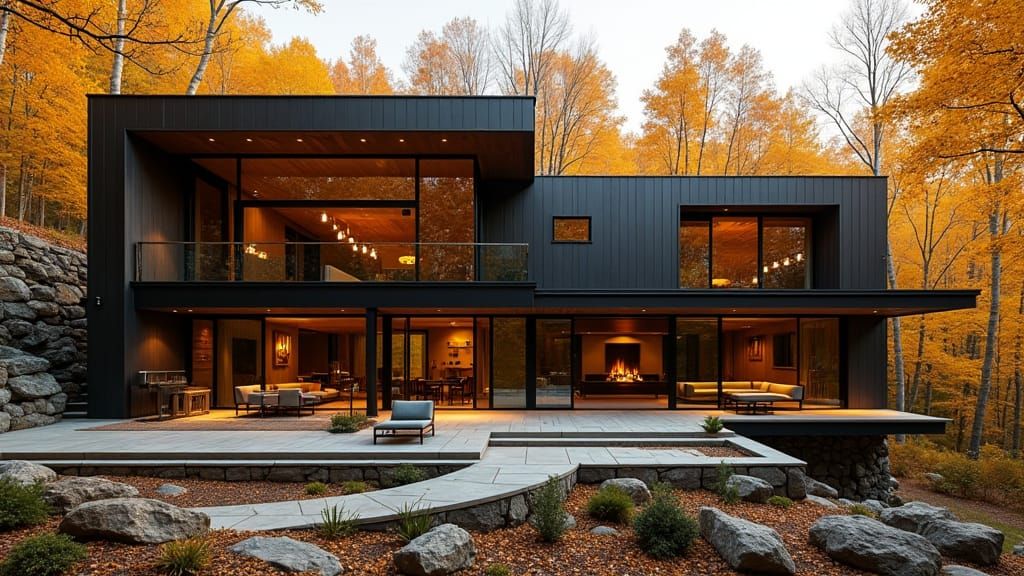 Modern House in Autumn Forest with Panoramic View