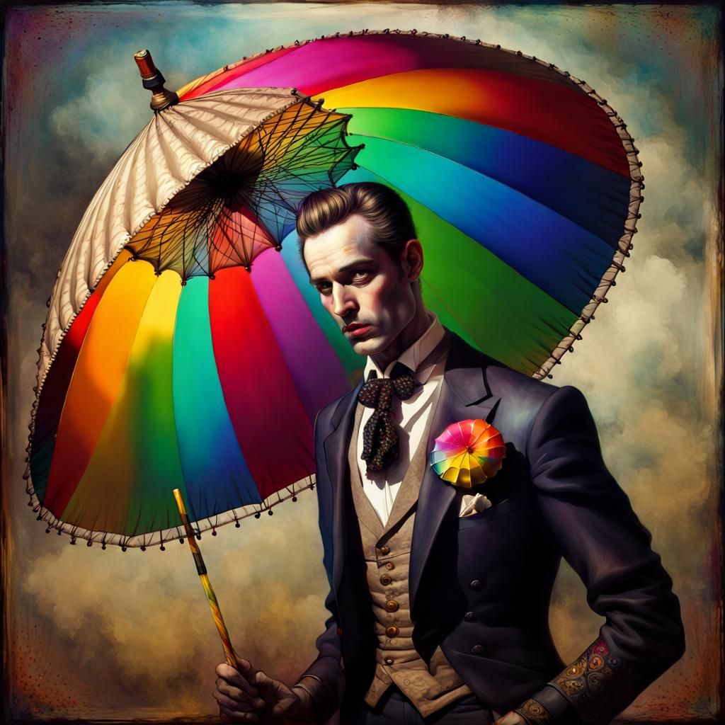 Man with Rainbow Parasol in Detailed 3D Rendering