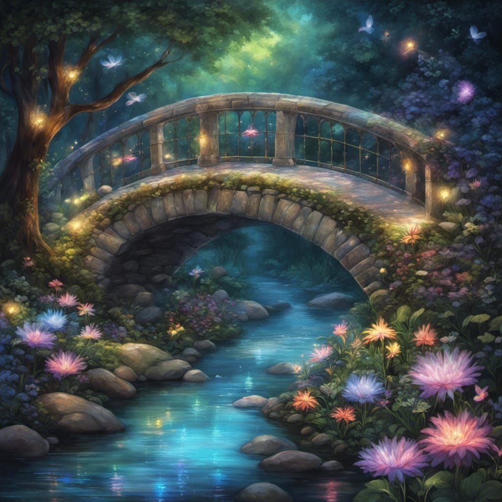 Opalescent Bridge Over Iridescent River at Night