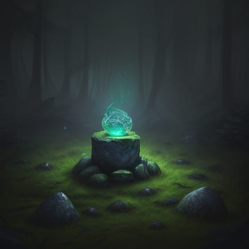 Mysterious Glowing Stone in Ethereal Forest Mist