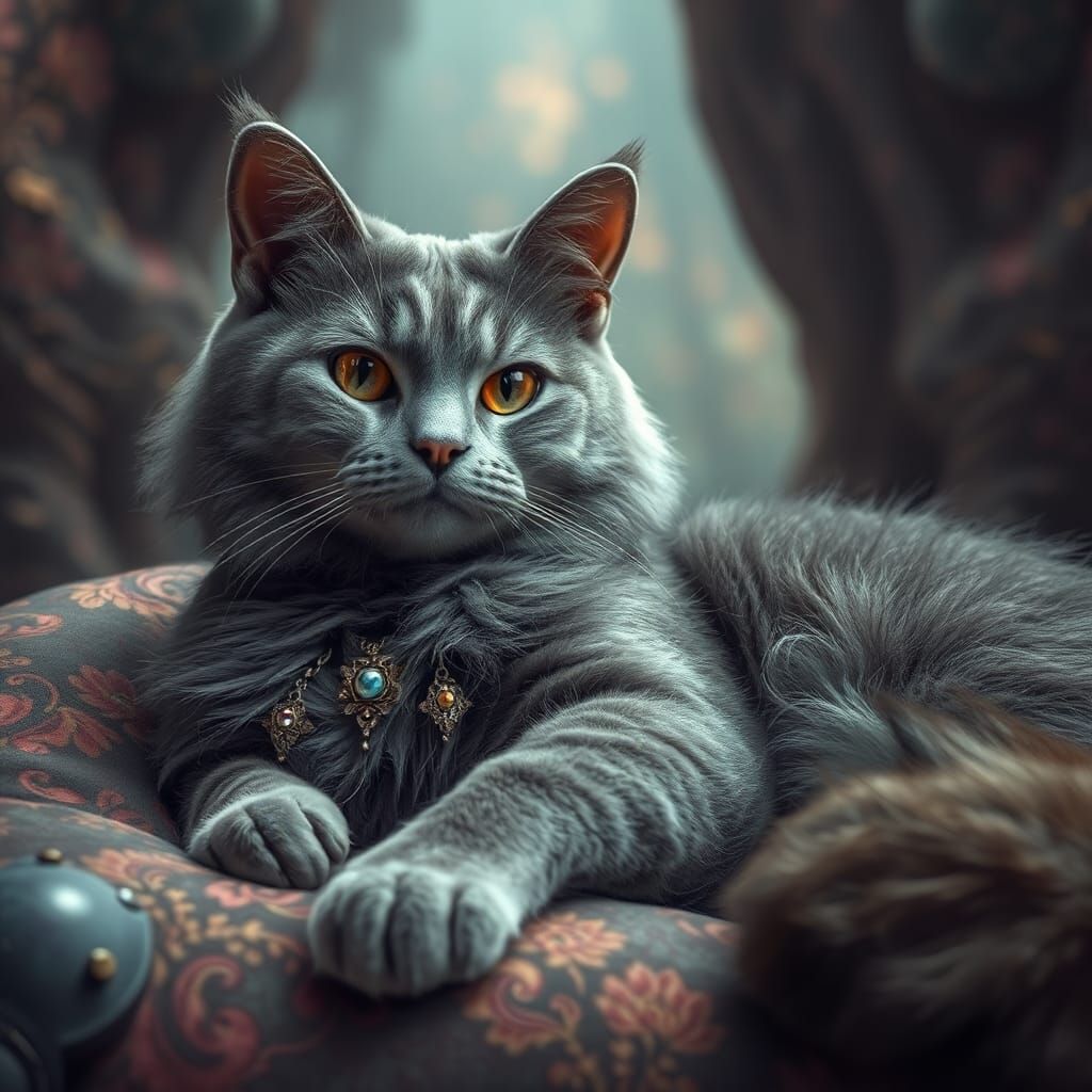 Relaxing Gray Cat in Mystical Enamel Realm