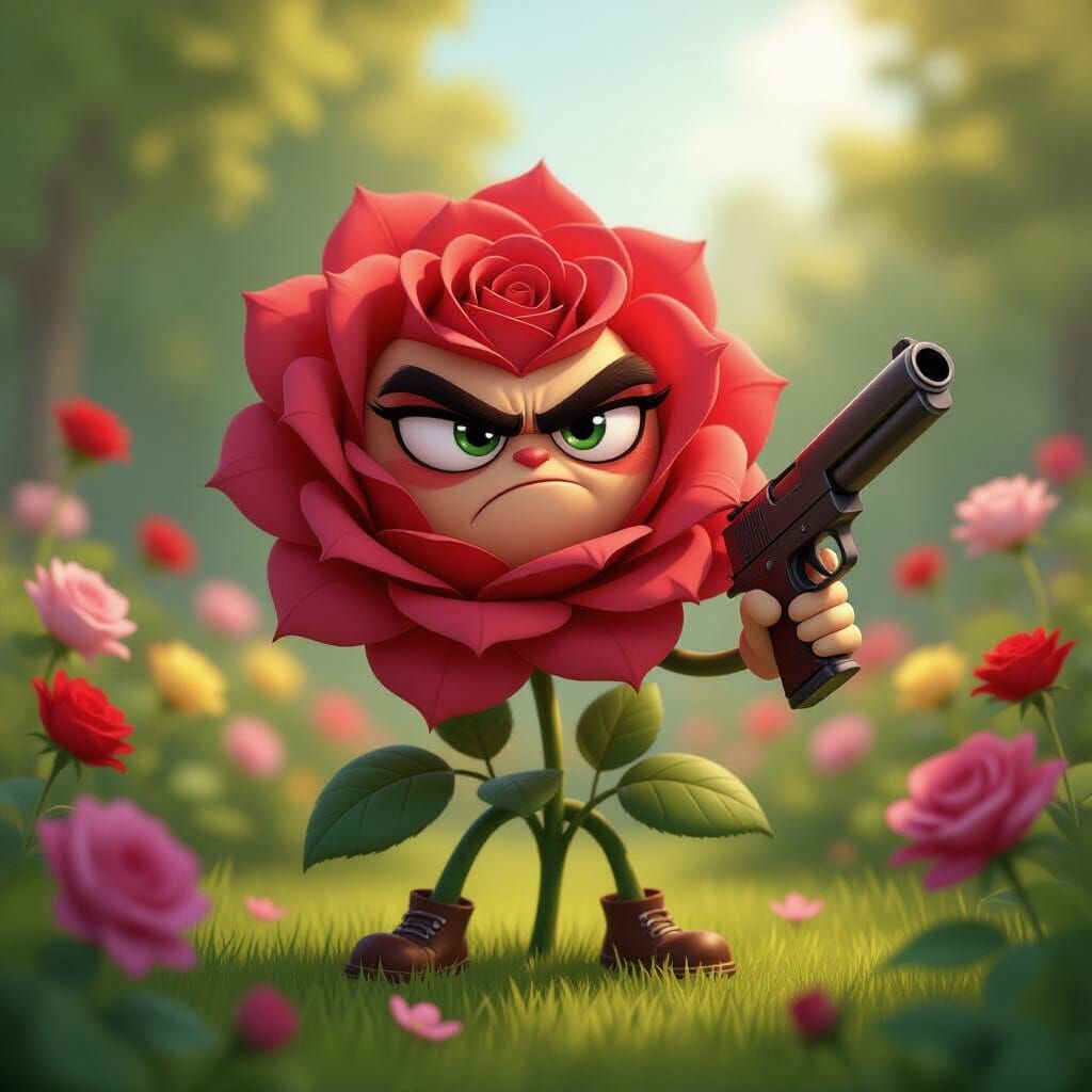 Grumpy Cartoon Rose with a Gun in Garden