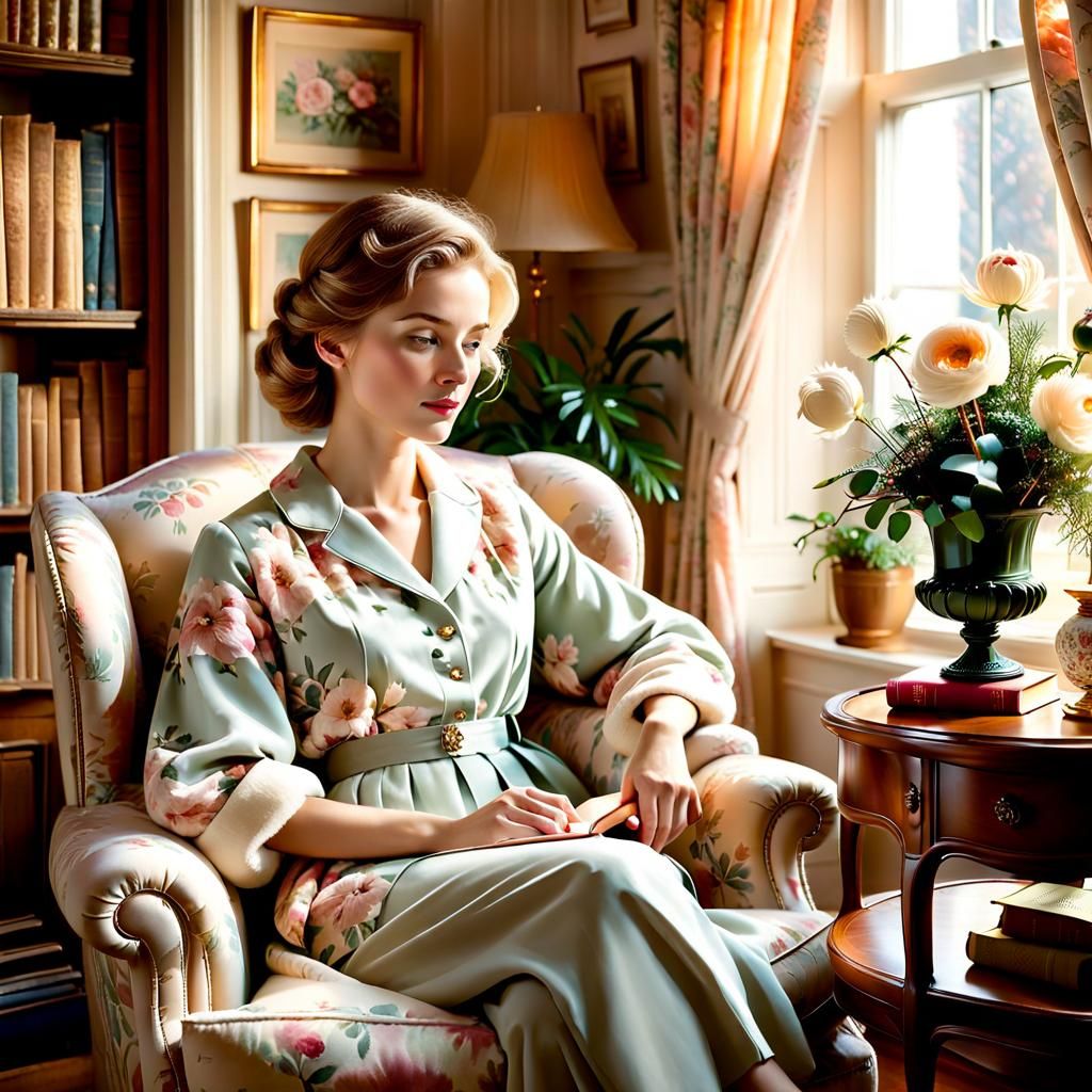 Peaceful Woman in English Apartment: Soft Impressionism