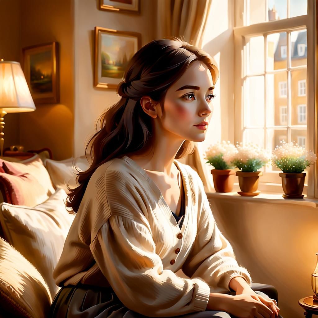 Serene Woman in Cozy English Apartment as Impressionism