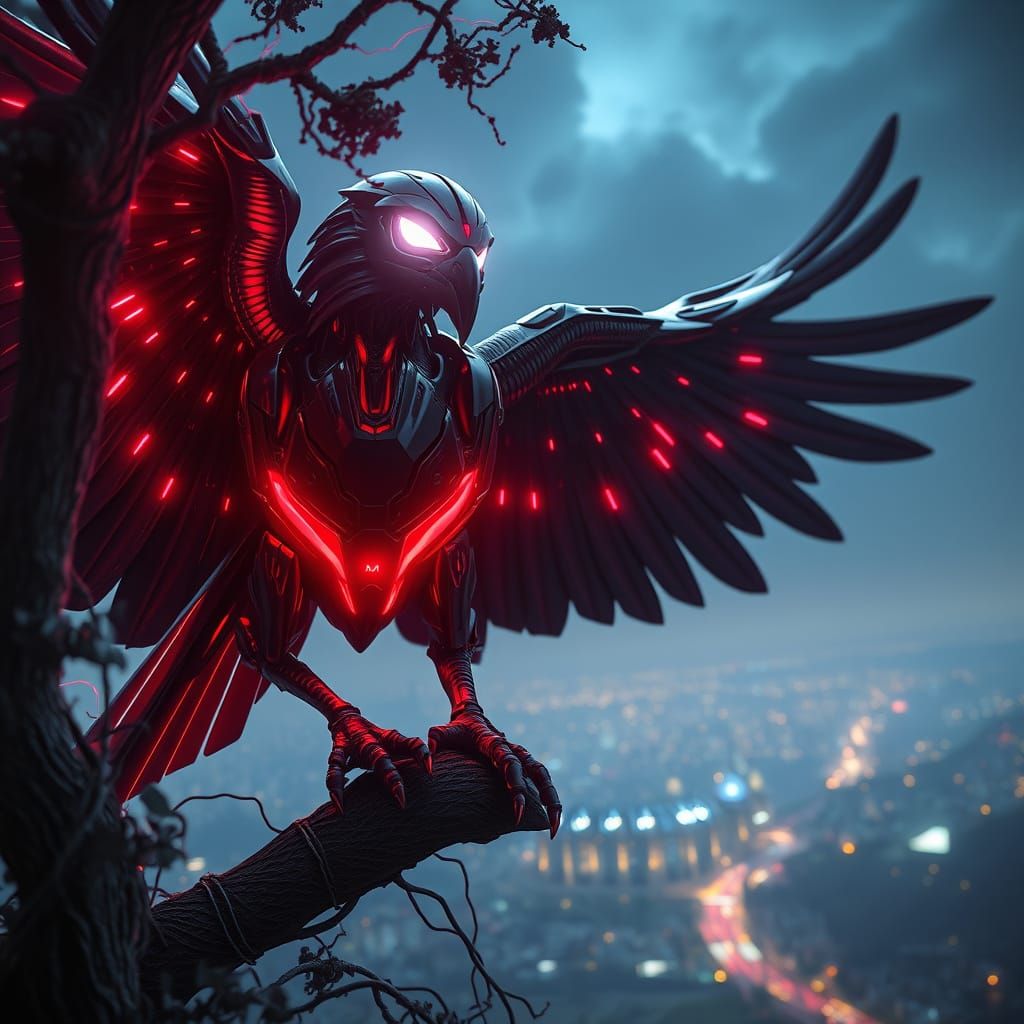 Cyberpunk Raven Robot on City Hill at Night