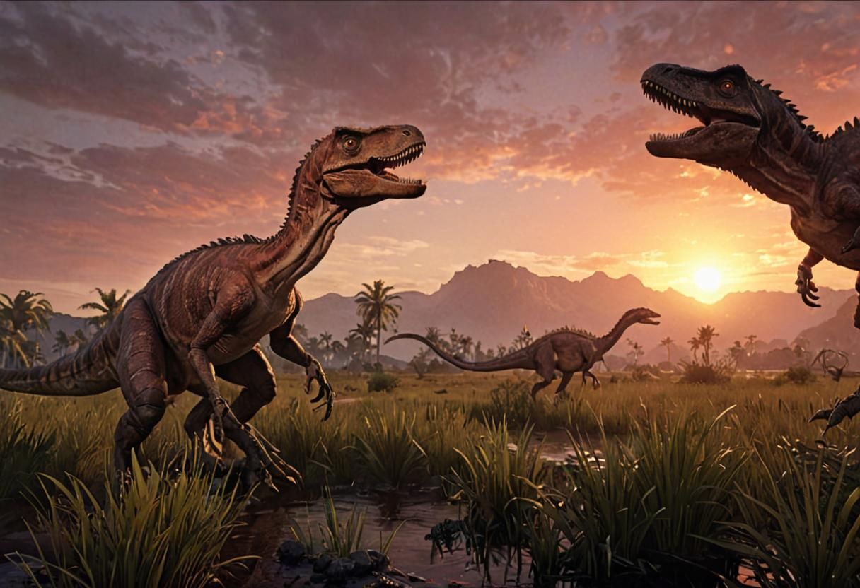 Ancient Predators Clash in a Blood-Soaked Cretaceous Sunset