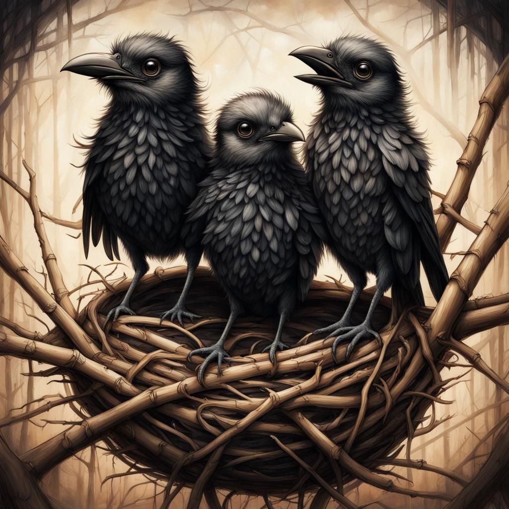 Crow Chicks in Cozy Nest, Art Brut Style