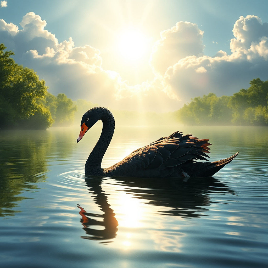 Black Swan on Lake: Pre-Raphaelite Style
