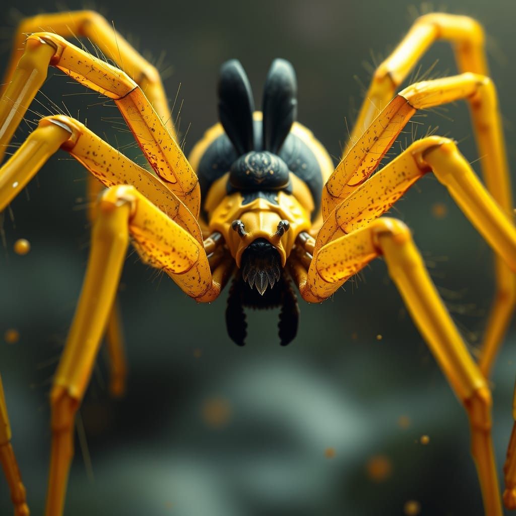 Surreal Yellow Spider with Bunny-Like Appendage in Deep Fant...