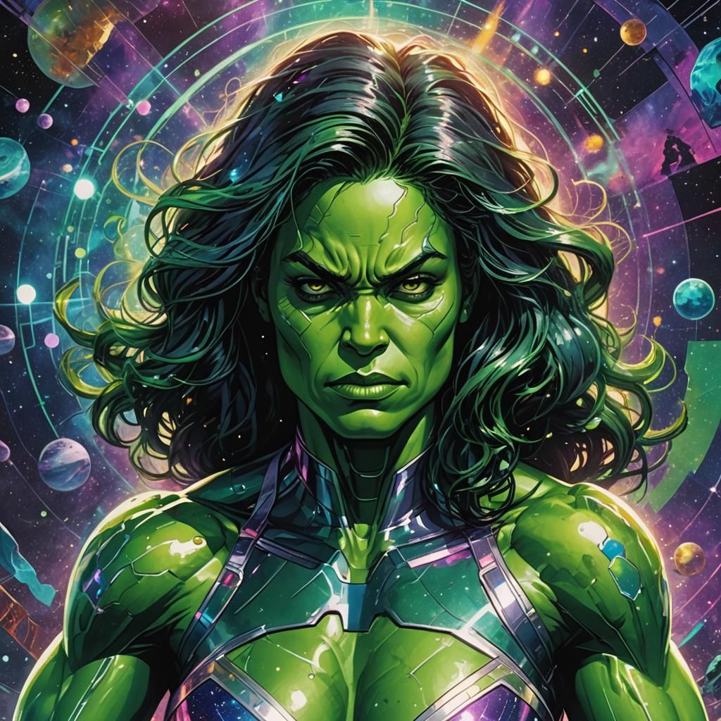 She-Hulk Astral Holographic Illustration in Mixed Media